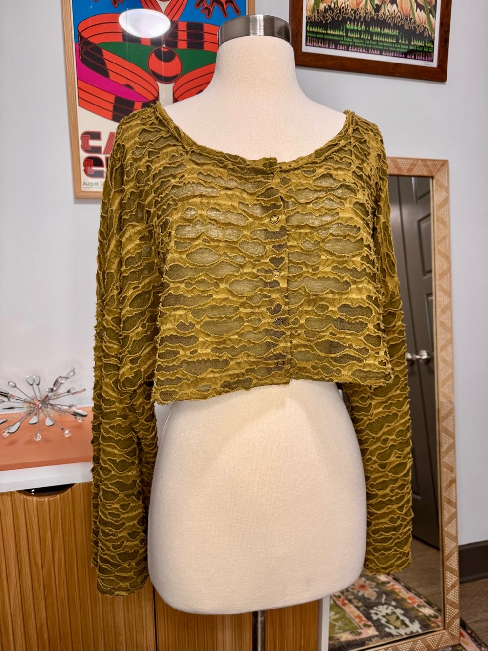 Urban Outfitters Olive Textured Cropped Button-Front Top